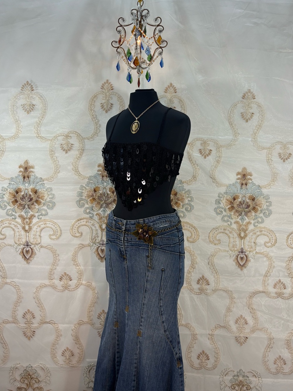 ✨Vintage Y2K Boho Black Sequins Crochet Cropped Handkerchief Cut Tank Top✨
